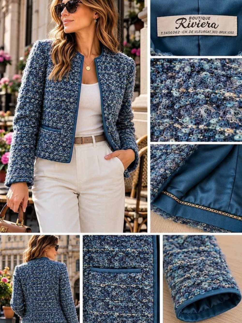 Vintage Boutique Rivera Brussels Blue Bouclé Tweed Jacket Wool Mohair Size M